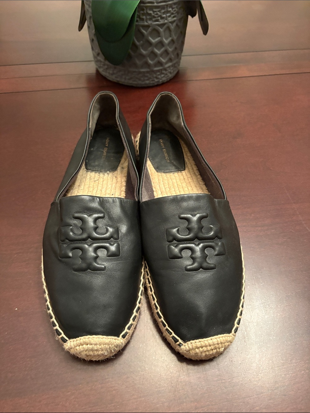 Tory Burch Black Leather Logo Espadrille Flats with Jute Trim